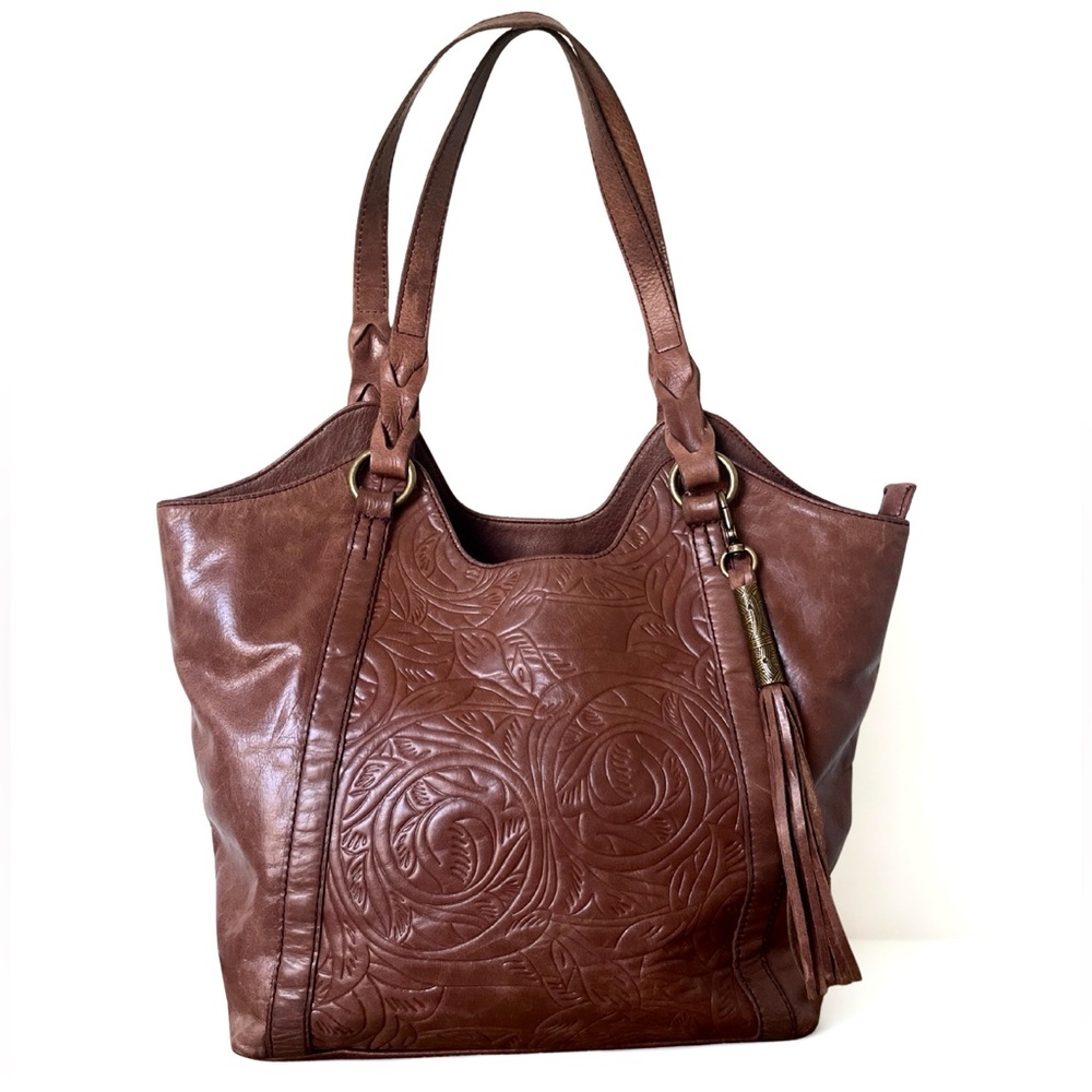 The Sak Brown Leather Embossed Tote Bag with Tassel